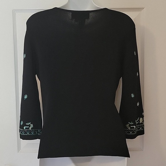 Vintage Joseph A. Petite blouse black embroidery 3/4 sleeve Women's M - Picture 5 of 9